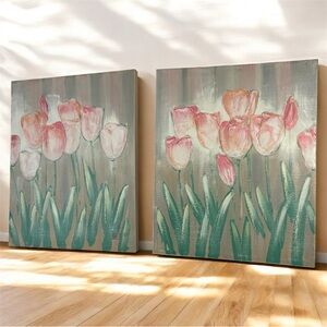 Lee Reynolds Floral Painting Set Vtg MCM Textured Tulip Canvas Wall Art 30X24